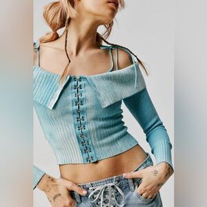 House of Sunny Sunfade Knit Top in Washed Blue, XS